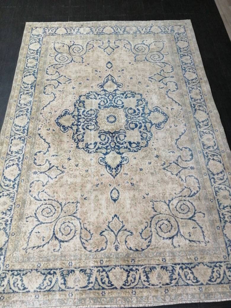 Muted Persian RUG 6.7 x 10 Turkish Oushak Rug Vintage Antique Rug Vintage Blue Light Pink Rug Wool Muted Oriental Rug Hand Made Rug
