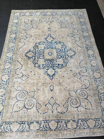 Muted Persian RUG 6.7 x 10 Turkish Oushak Rug Vintage Antique Rug Vintage Blue Light Pink Rug Wool Muted Oriental Rug Hand Made Rug