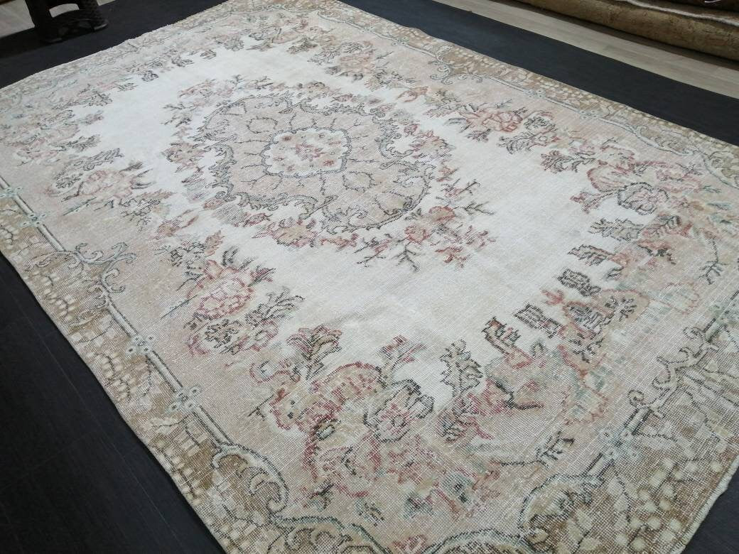 Floral Muted OUSHAK RUG 10.3 x 6.6 TURKISH Rug Oriental Vintage Wool Rug Muted Hand Made Rugs Vintage Turkish Rug
