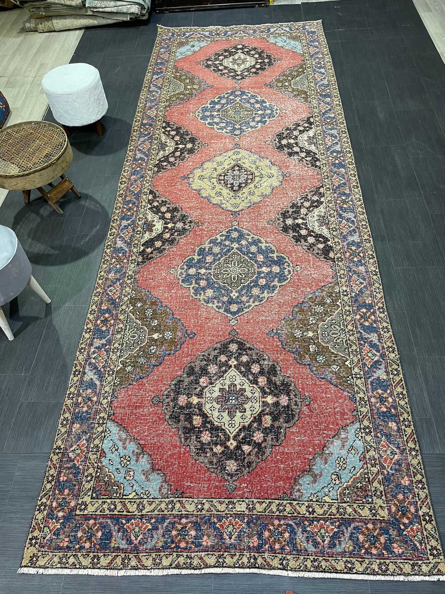 Turkish Runner Rug, Persian Distressed Runner 4.8 x 13.2 Rug, Vintage Runner Rug, Hallway Runner Rug,  Kitchen Runner Rug, Wool Runner Rug