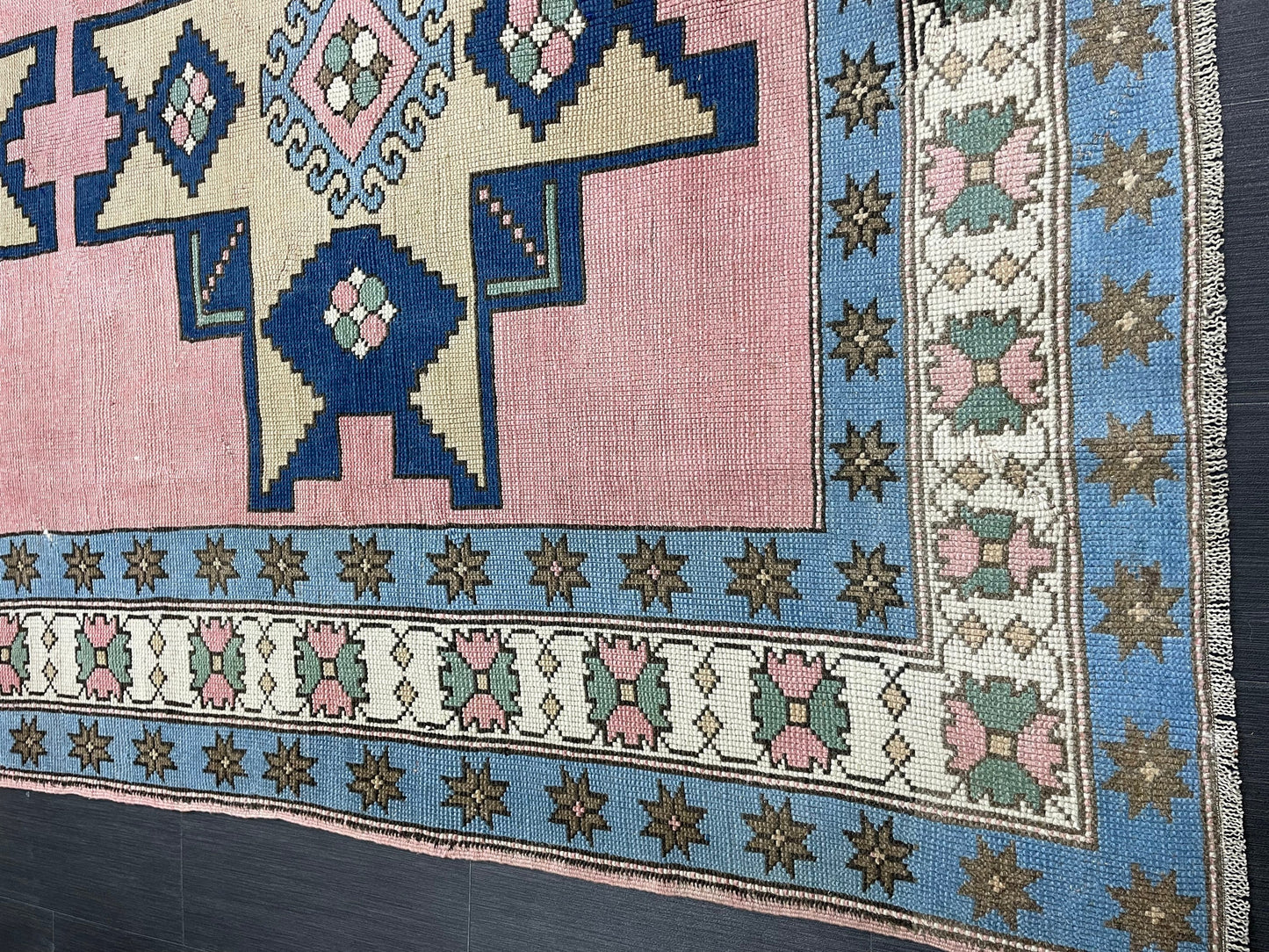 Wool OUSHAK RUG TURKISH 6.6 x 10 Rug  Vintage Oriental Rug Vintage Handmade Rug Wool Vintage Pink and Blue Rug Hand Knotted Rug