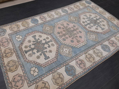 Distressed Wool Hand Made Rug Vintage Oushak Rug Blue 5x8  Oriental Rug, Rug Vintage Turkish Rug, Farmhouse Rug Vintage Rug Living room Rug