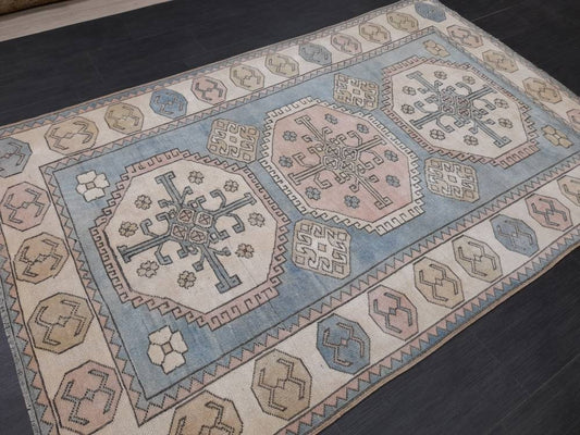 Distressed Wool Hand Made Rug Vintage Oushak Rug Blue 5x8  Oriental Rug, Rug Vintage Turkish Rug, Farmhouse Rug Vintage Rug Living room Rug