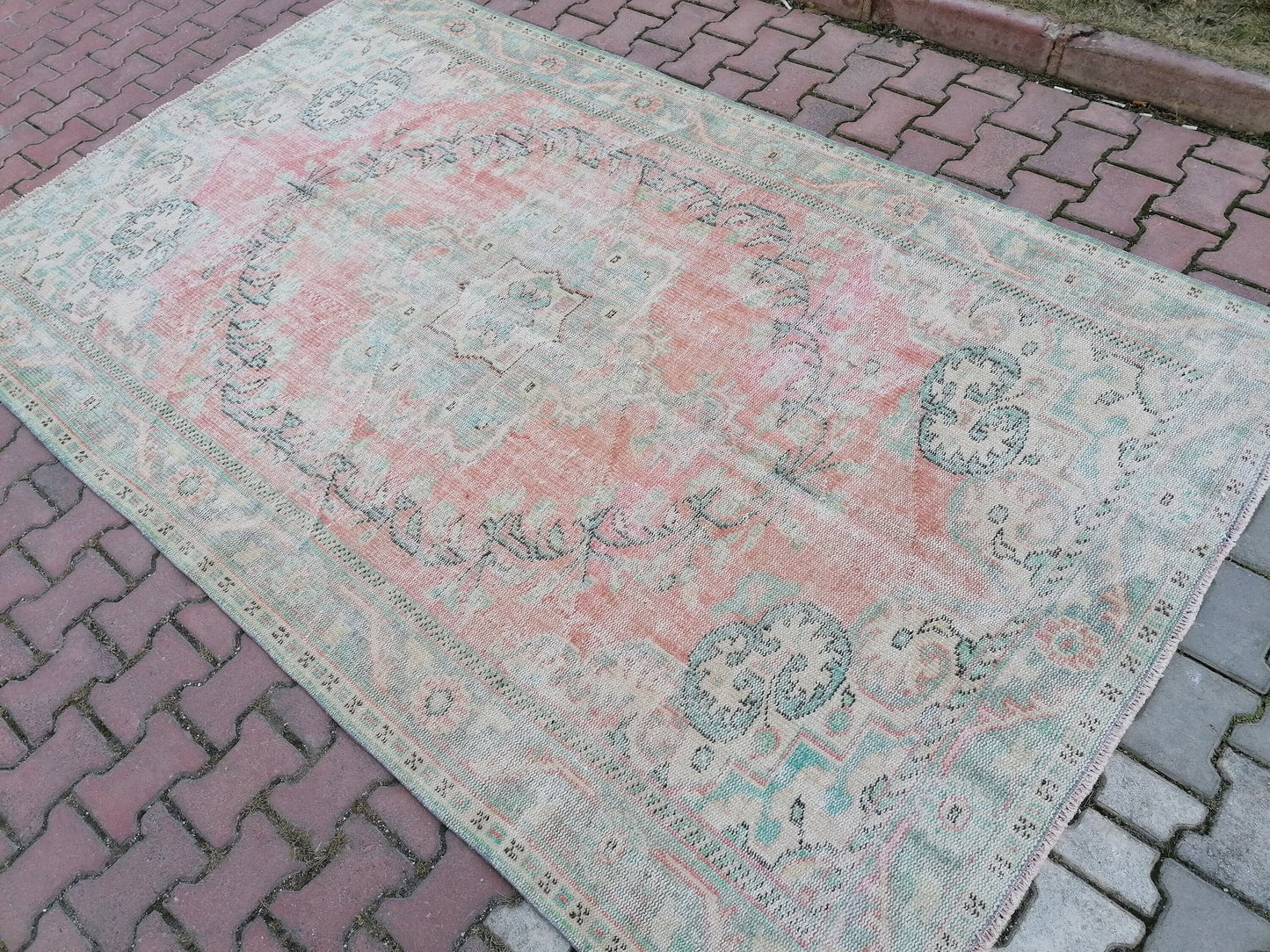 Large vıntage green rug, dıstressed oushak rug 9'5x5'9 turkish area rug