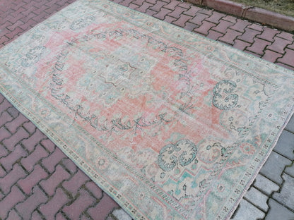 Large vıntage green rug, dıstressed oushak rug 9'5x5'9 turkish area rug