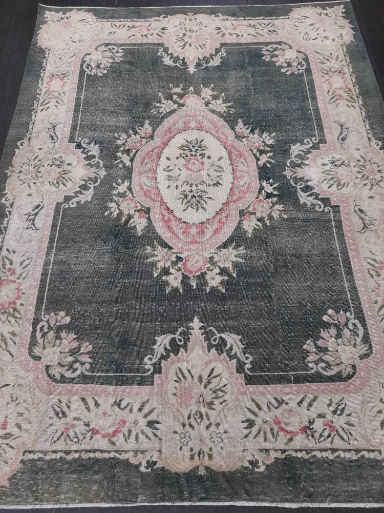 Vintage RUG  Hunter Green and Light Pink Antique Rug Vintage Wool 7.3 x 10 Oriental Rug Hand Made Rug Hand Knotted  Rug Wool on wool Rug