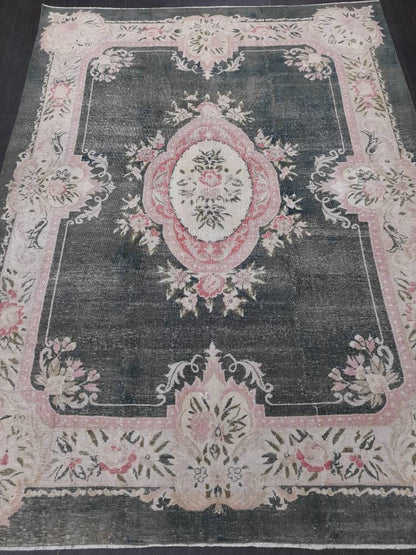 Vintage RUG  Hunter Green and Light Pink Antique Rug Vintage Wool 7.3 x 10 Oriental Rug Hand Made Rug Hand Knotted  Rug Wool on wool Rug