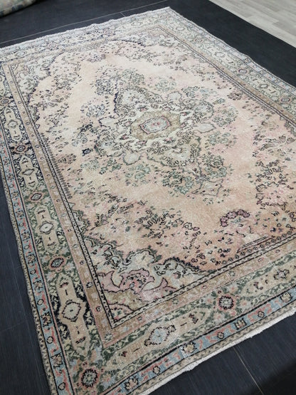 Muted Large OUSHAK RUG 10.3 x 7 TURKISH Oushak Rug Vintage Oushak Runner Rug Vintage Runner Rug 7x10 Cream Oushak Rug Hand Made Rug