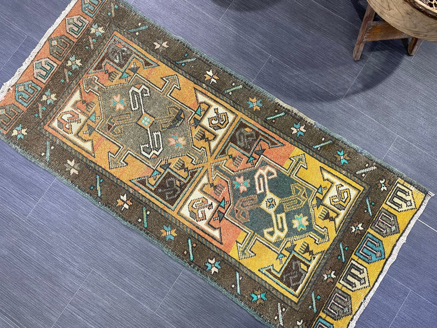 Hand Knotted Runner Rug, Vintage 2 x 4.4 Runner Rug,Handmade Short Runner Rug,Bathroom Runner Rug, Antique Runner Rug, Vanity Runner Rug