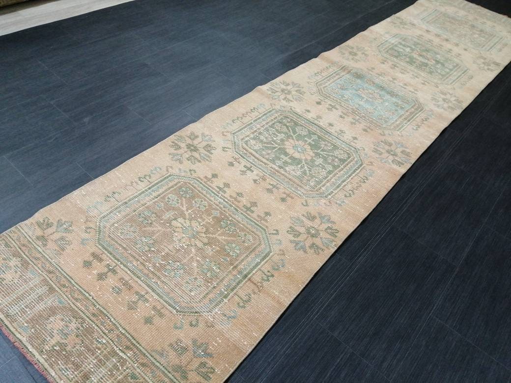 VINTAGE RUNNER Rug, Muted 2.5 x 11.4 Vintage Turkish Runner Rug, Oushak Runner Rug, Hand woven Rug, Oriental runner Rug