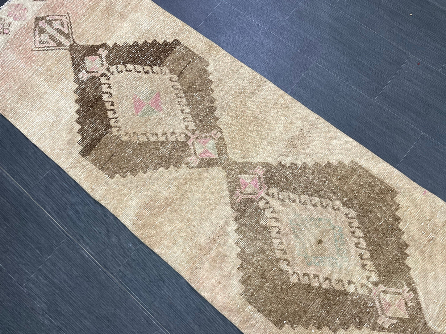 Muted Vintage Runner Rug 2.6 x 12.2 Hand Made Runner Rug Turkish Runner Rug Pink Vintage Runner Rug Hallway Runner Rug Wool Kitchen Runner