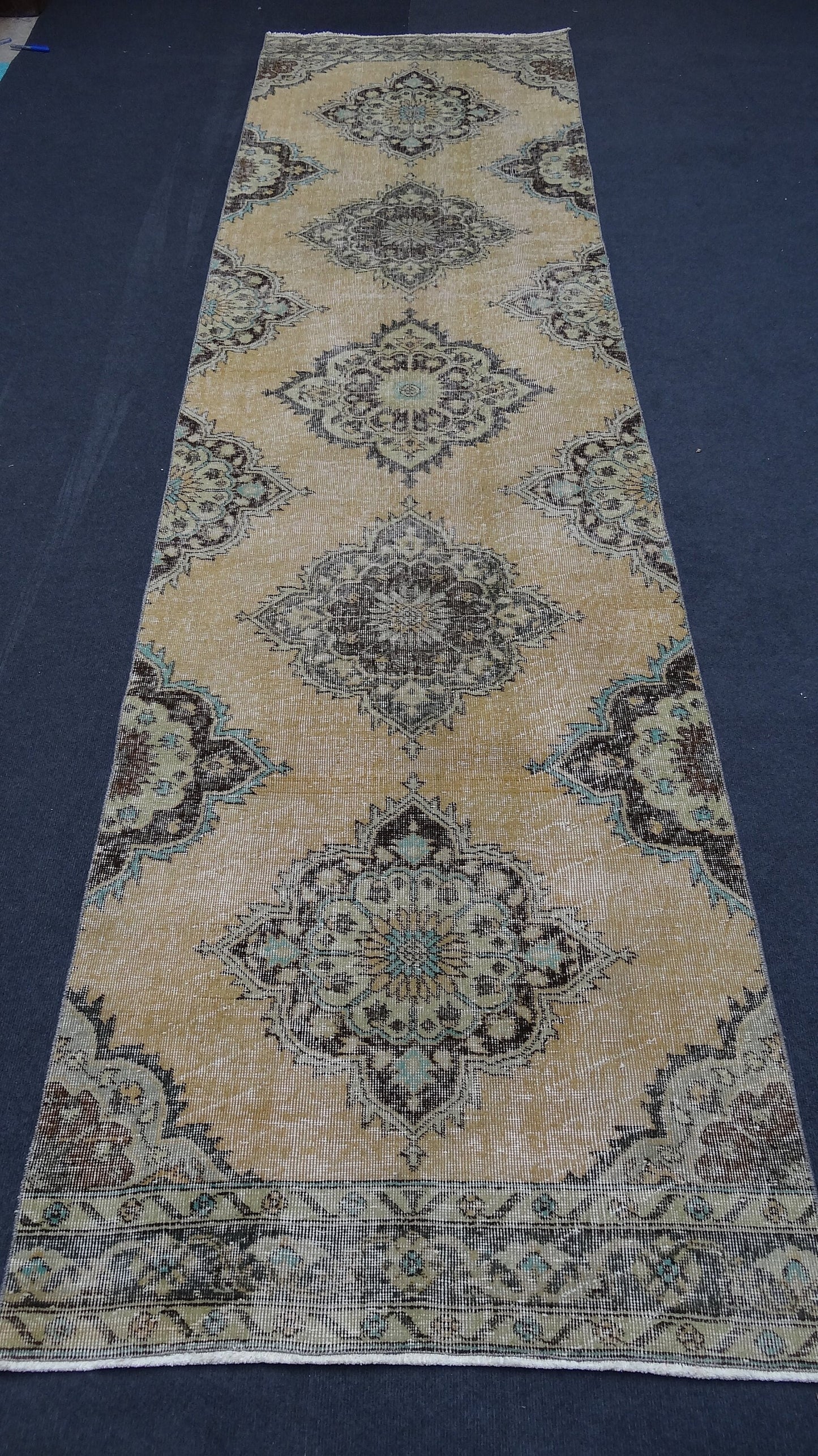 Turkish runner rug, distressed vintage wool runner 3'4x12'6 hallway oushak runner, kitchen runner rug, bohemian handmade rug