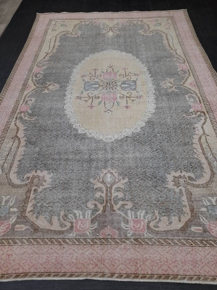 Floral Vintage OUSHAK RUG Antique TURKISH Rug Vintage Distressed Oriental Rug 6.6 x 10.4 Wool  Rug Hand Made Vintage Rug 7x10 Turkish Rug