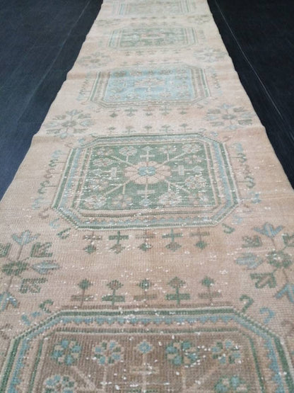 VINTAGE RUNNER Rug, Muted 2.5 x 11.4 Vintage Turkish Runner Rug, Oushak Runner Rug, Hand woven Rug, Oriental runner Rug