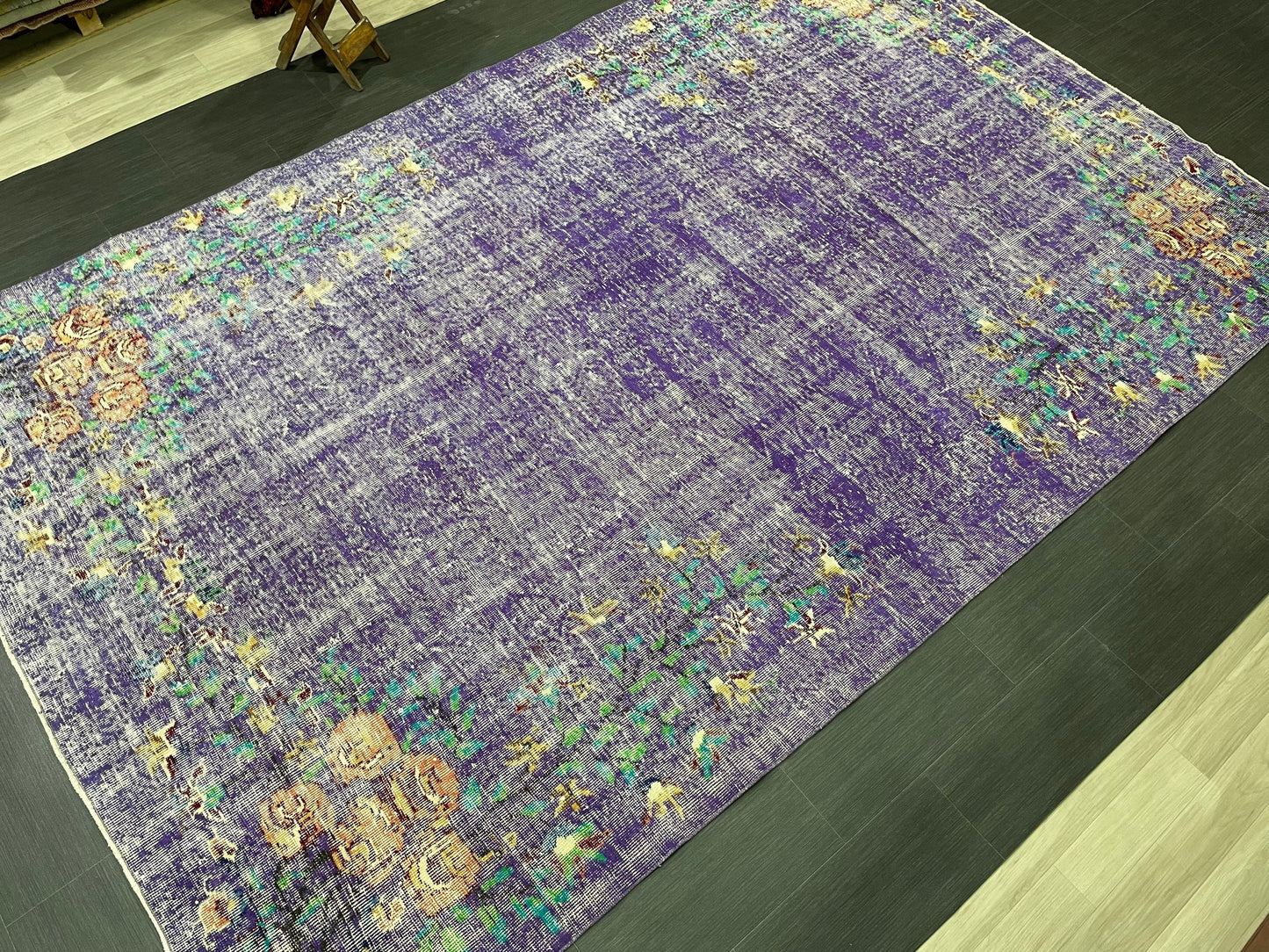 Vintage Rug 7 x 10.8 TURKISH Handmade Rug Violet Purple Vintage Hand Knotted Rug Distressed Persian Rug Oushak Rug, Wool Rug