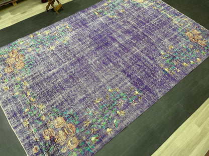 Vintage Rug 7 x 10.8 TURKISH Handmade Rug Violet Purple Vintage Hand Knotted Rug Distressed Persian Rug Oushak Rug, Wool Rug