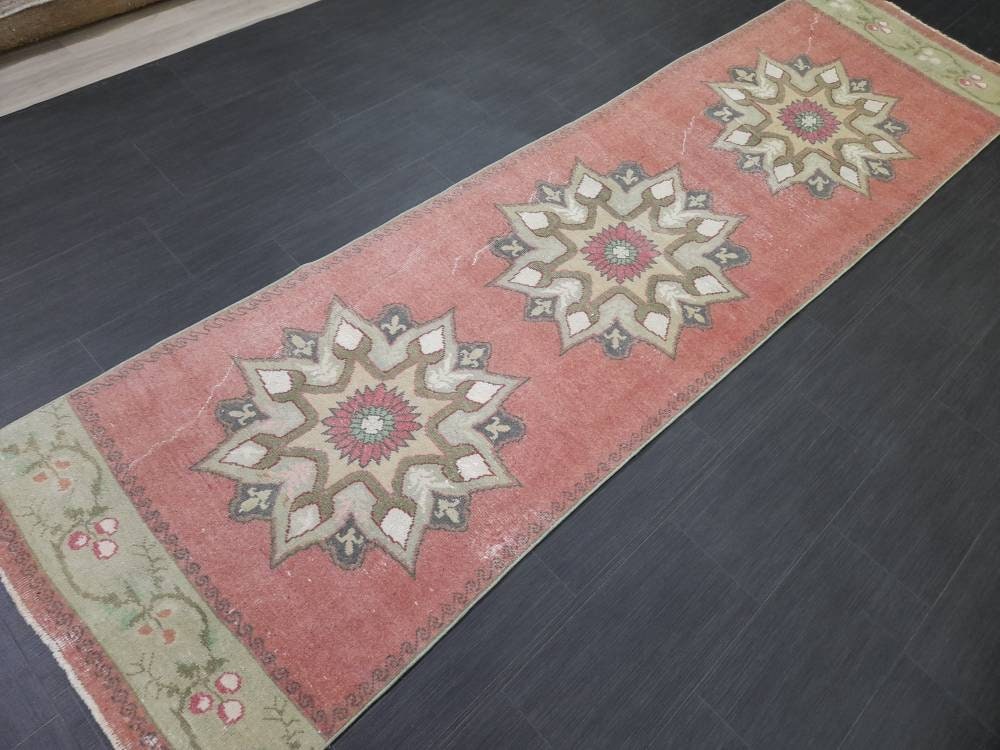 Vintage Wool Runner Rug Muted 2.9 x 10.7 Hand Made Runner Rug Turkish Runner Rug Vintage Runner Rug Hallway Runner Rug Wool Kitchen Runner