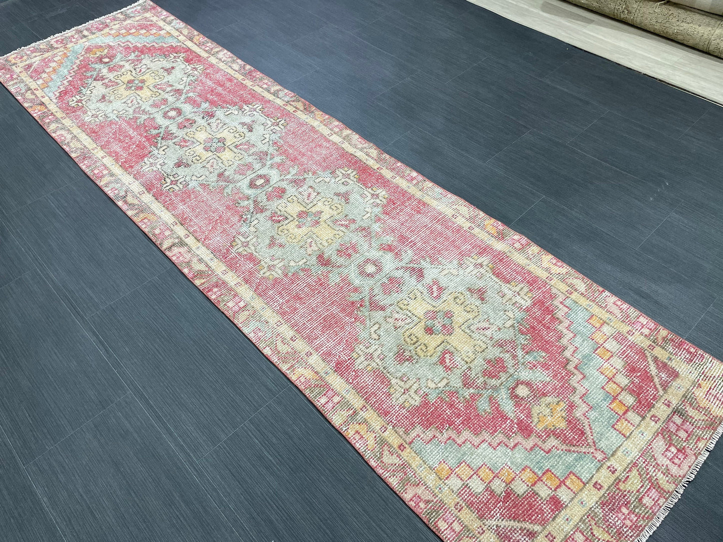 Short Vintage Runner Rug 2.4 x 8.5 Hand Knotted Runner Rug Turkish Runner Rug Vintage Runner Rug Hallway Runner Rug Wool Kitchen Runner