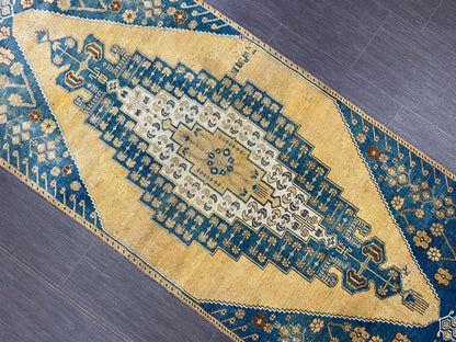 TURKISH Runner Rug Vintage Runner Rug 2.8 x 9.4 Oriental Rug Wool Oushak Rug Hand Knotted Rug Vintage Turkish Runner Rug Blue and Yellow Rug