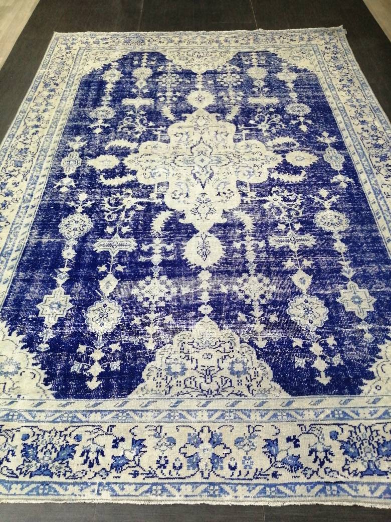 Antique RUG 7.4 x 10.8 Vintage Rug Vintage Persian Rug Muted Wool Oriental Rug Blue Hand Made Rugs Blue Distressed Turkish Antique Navy Rug