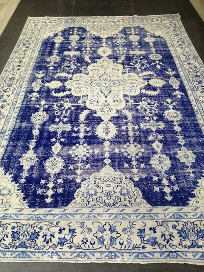 Antique RUG 7.4 x 10.8 Vintage Rug Vintage Persian Rug Muted Wool Oriental Rug Blue Hand Made Rugs Blue Distressed Turkish Antique Navy Rug