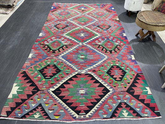 Vintage Handmade 5 x 9.4 Rug, Flatwoven Oushak Rug, Rustic Rug, Flat Weave Rug, Turkish KILIM Rug, Farmhouse Rug, Vintage Wool rug