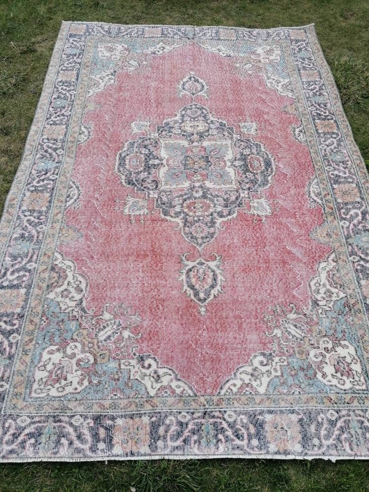 Large vintage rug, pastel oushak wool rug 6x9 distressed unique hand made rug, living room rug kitchen runner rug, bohemian rug