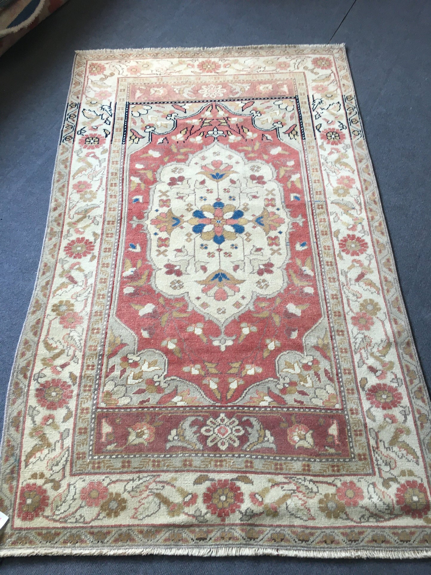 3.5x6 feet red faded turkish floral rug, handmade vintage brown bedroom floor wide rug, oushak bathroom area rug, entryway middle wool rugs