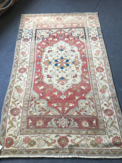 3.5x6 feet red faded turkish floral rug, handmade vintage brown bedroom floor wide rug, oushak bathroom area rug, entryway middle wool rugs