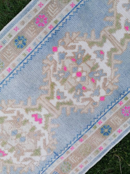 2'10x8'10 blue turkish oushak runner, new production hallway handmade runner turkish runner rug kitchen runner