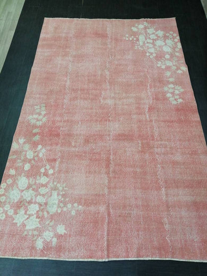 Pink Vintage Rug 6.6 x 10.6 TURKISH HAND MADE Rugs   Vintage Turkish Rugs  Pink Orient Rug Persian Rug, Vintage Oushak Rug, Wool Rug