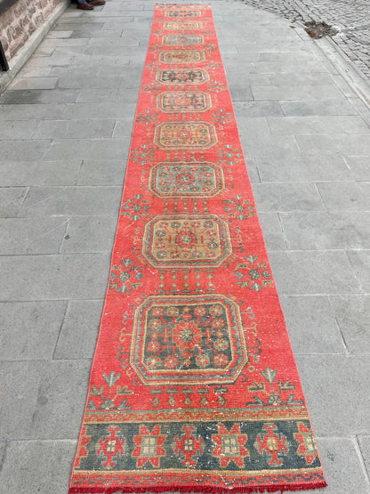 Extra Long Turkish Runner Very Long Oushak Runner Rug 2.6 x 20.5 Vintage Stair Runner Rug XL Oriental Runner Rug Staircase Red Runner