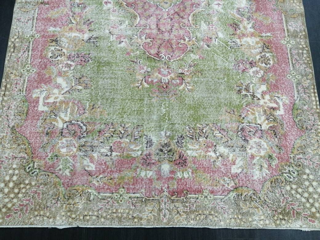 Oriental Rug 10 x 6.7 TURKISH Oushak Rug Vintage Antique Rug Vintage Green and Pink Rug Wool Distressed Rug Hand Made Rug
