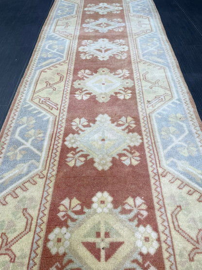 Vintage Hand Knotted Rug, Natural Wool Runner 2.7 x 10.5 Rug, Handmade Runner Rug, Turkish Runner Rug, Muted Runner Rug, Wool Kitchen Runner