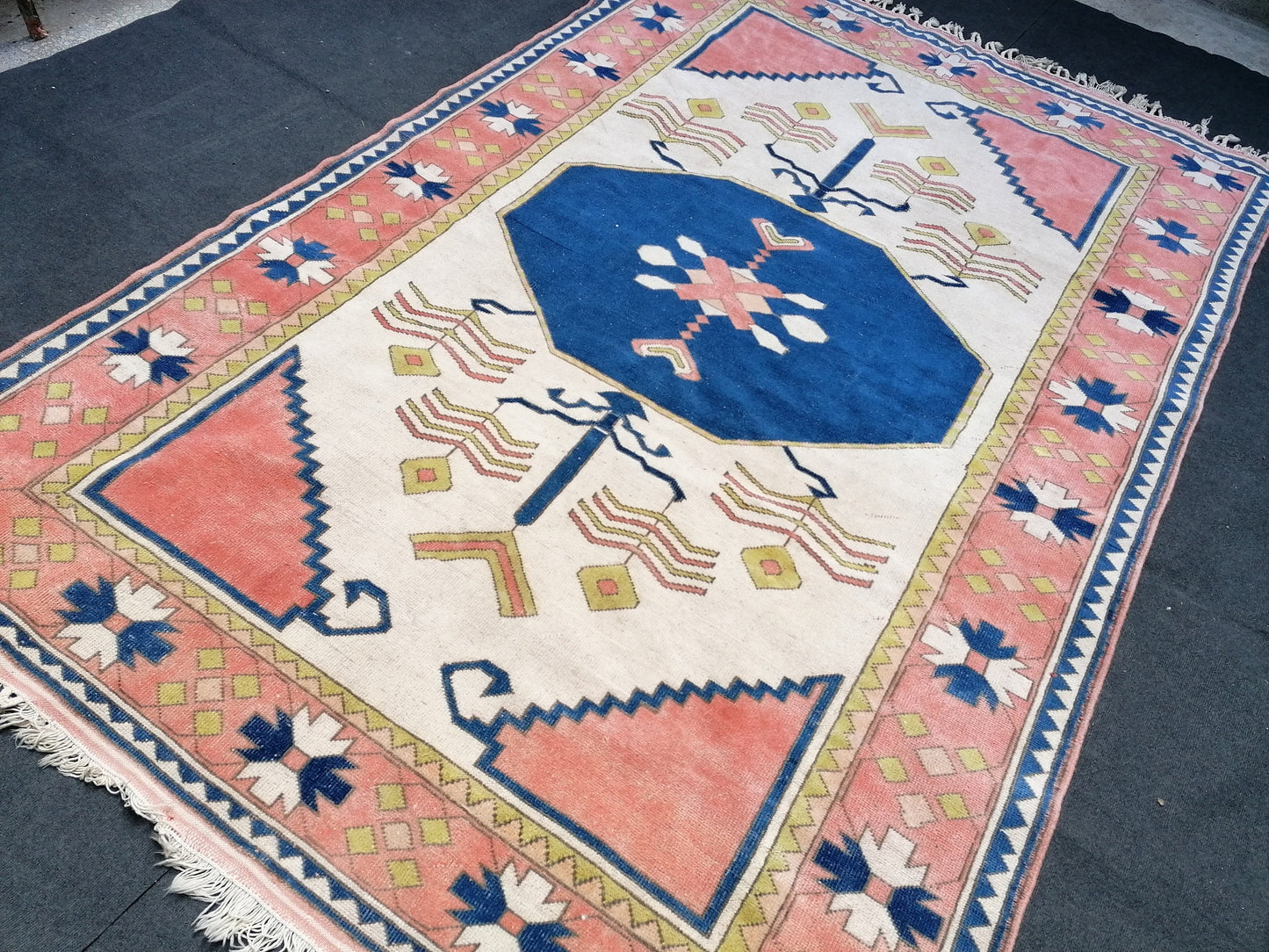 7'2x11 oushak wool rug, large turkish blue rug, vintage hand made rug, living room rug kitchen rug, vintage bohemian rug