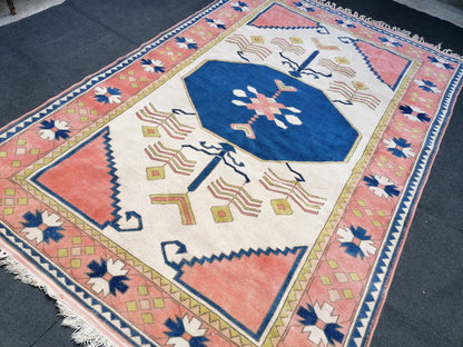 7'2x11 oushak wool rug, large turkish blue rug, vintage hand made rug, living room rug kitchen rug, vintage bohemian rug