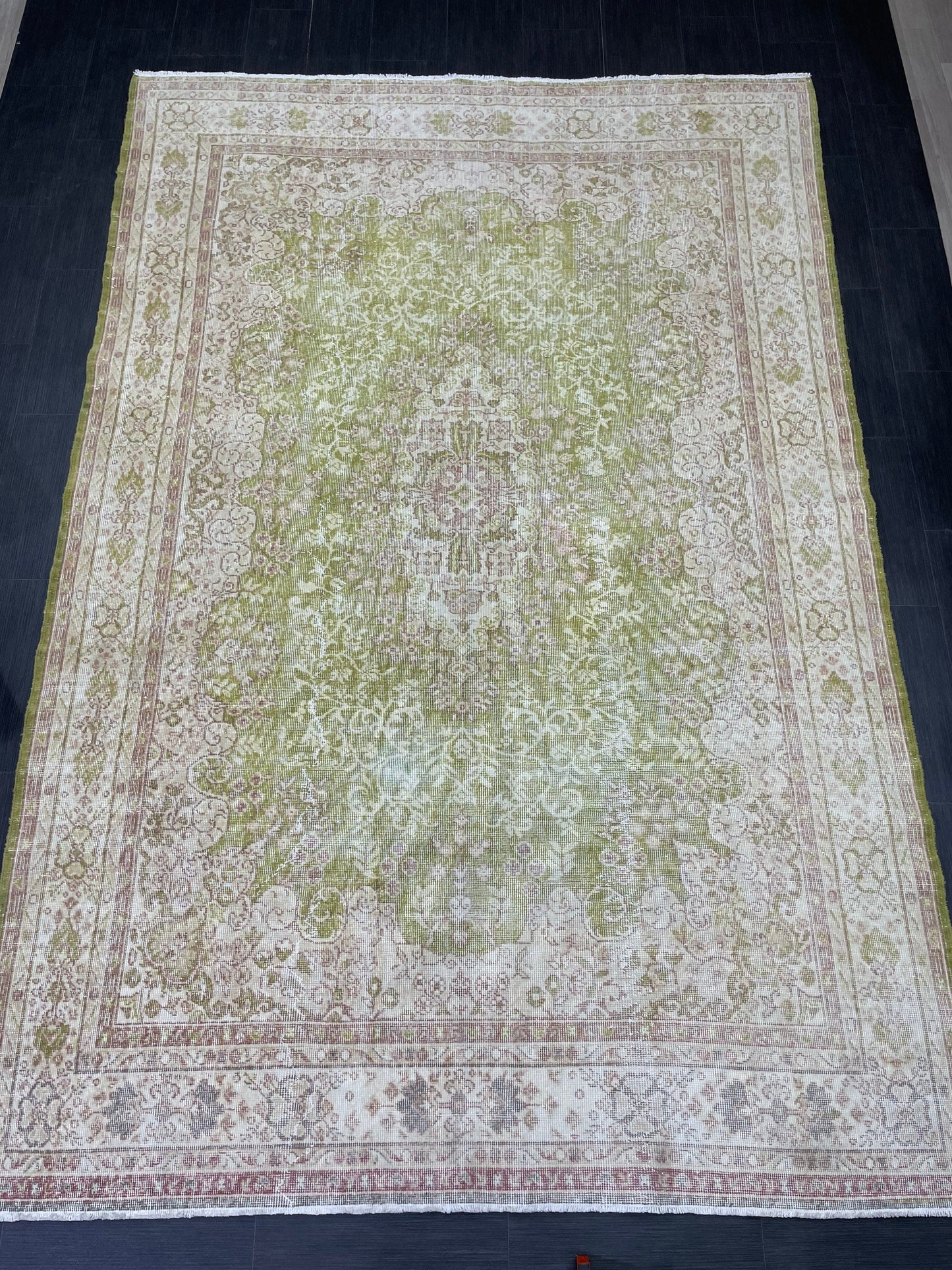 Vintage RUG Turkish 7 x 10.3 Rug Antique Rug Neon Green Rug Wool Muted Oriental Rug Handmade Rug Hand Knotted Rug Persian Rug