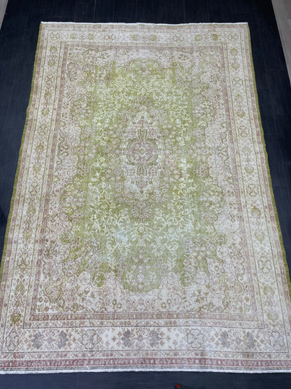 Vintage RUG Turkish 7 x 10.3 Rug Antique Rug Neon Green Rug Wool Muted Oriental Rug Handmade Rug Hand Knotted Rug Persian Rug