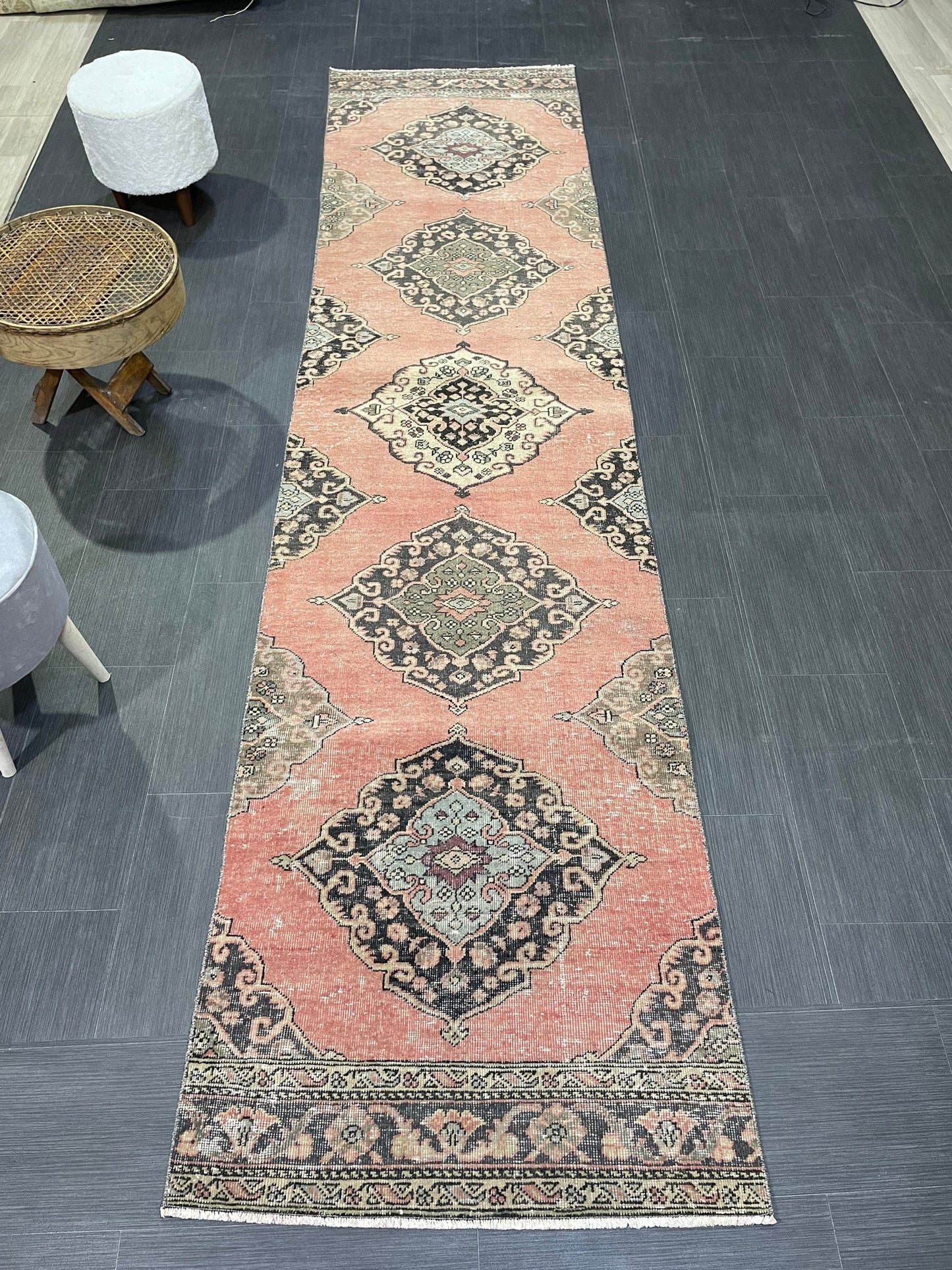 Vintage Turkish Runner Rug, Oushak Runner Rug, Handmade 2.9 x 11.6 Runner Rug, Hand Knotted Runner Rug, Hallway Runner, Kitchen Runner