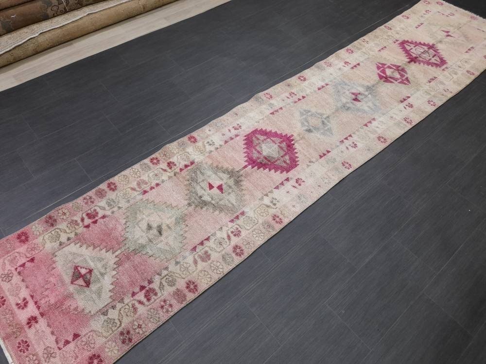Muted Vintage Runner Rug Vintage Oushak Runner Rug 2.6 x 12.4 Hallway Runner Rug Turkish Kitchen Runner Rug Antique Wool Oriental Runner Rug