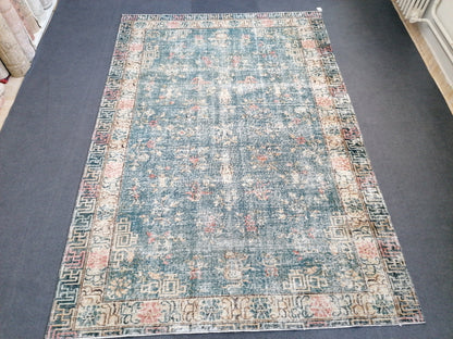 9'4x6'5 large oushak rug, blue distressed turkish rug vintage oushak runner rug vintage runner rug wool oushak vintsge hand made rugs