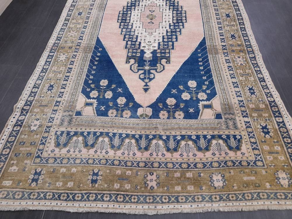 Navy and Pink OUSHAK RUG 5.8 x 11 TURKISH Rug Vintage Oriental Rug Vintage Persian Rug Wool Oushak Rug Hand Made Rug Vintage Turkish Rug