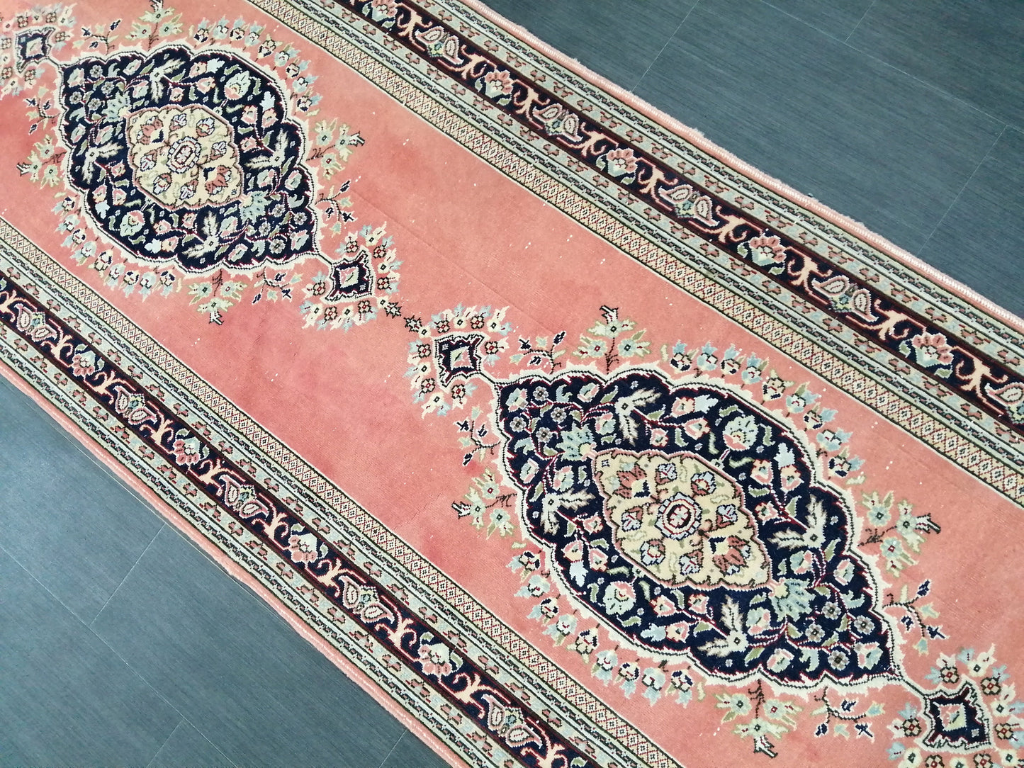 Oushak Runner Rug 3.2 x 14 Turkish Runner Rug Persian Vintage Runner Pink and Navy XL Hallway Runner Rug Stairs Runner Rug Extra Long Runner