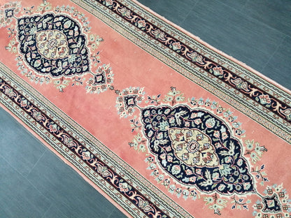 Oushak Runner Rug 3.2 x 14 Turkish Runner Rug Persian Vintage Runner Pink and Navy XL Hallway Runner Rug Stairs Runner Rug Extra Long Runner