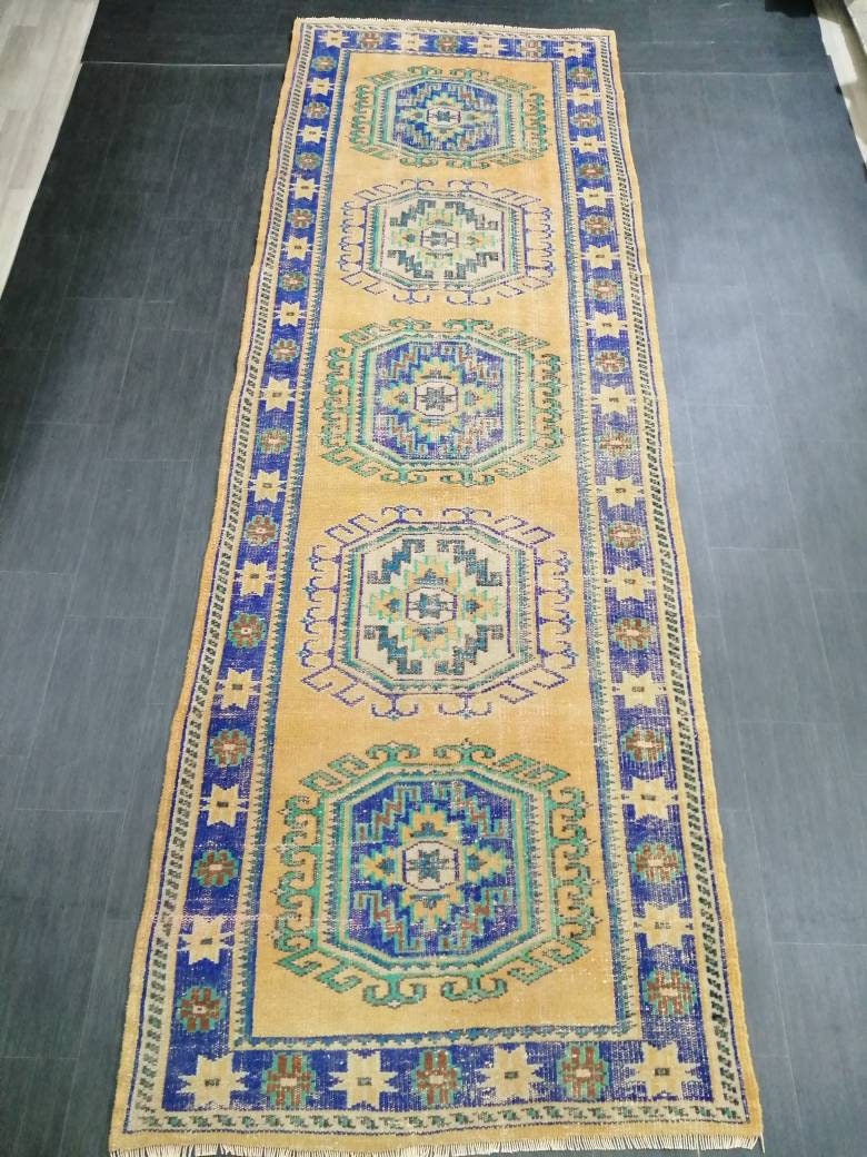 Vintage Runner Rug, 4 X 12.3 Muted Oushak Rug, Turkish Runner Rug , Yellow Persian Rug Runner Turkish Rug, Vintage Rug Oriental Rug 4x12