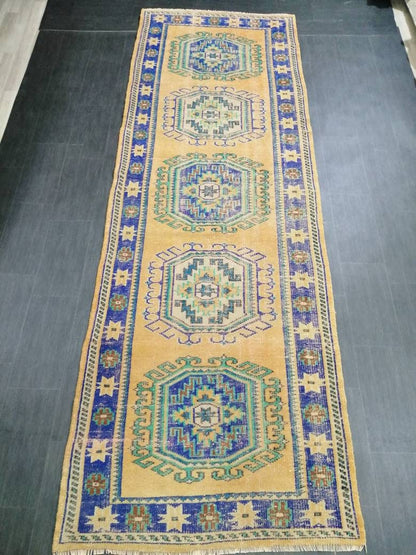 Vintage Runner Rug, 4 X 12.3 Muted Oushak Rug, Turkish Runner Rug , Yellow Persian Rug Runner Turkish Rug, Vintage Rug Oriental Rug 4x12