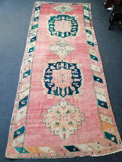 Handmade  Runner RUG TURKISH 4.4 x 10.9 Rug Vintage Oushak Runner Rug Vintage Runner Rug Wool Oriental Rug Vintage Turkish Rug