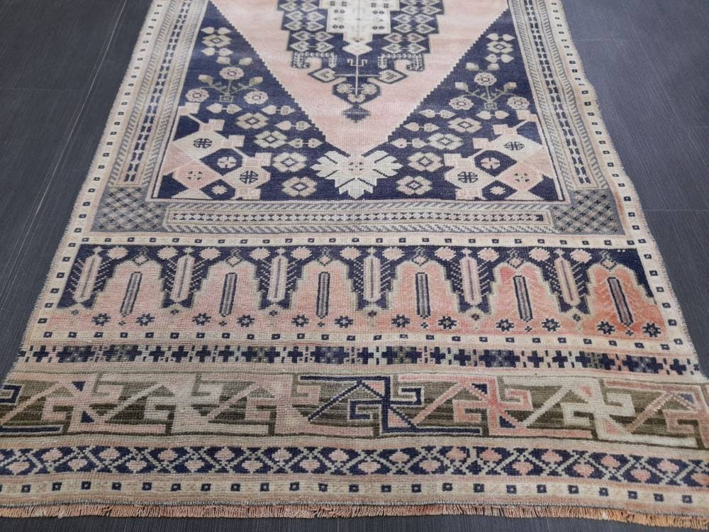 Blue and Pink TURKISH Runner Rug Vintage Runner Rug 3 x 9 Oriental Runner Rug Wool Oushak Rug Hand Knotted Rugs Vintage Turkish Runner Rug