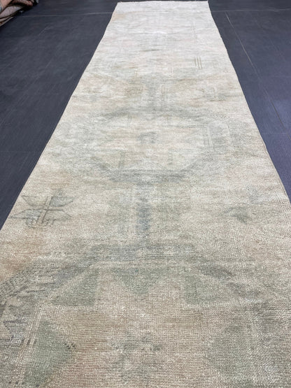 Muted Vintage Runner Rug 2.8 x 12.7 ft Muted Turkish runner rug Wool Pile Oushak Runner Hallway Rug runner Hand Knotted Star Runner Rug