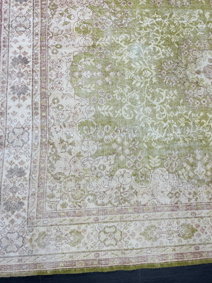 Vintage RUG Turkish 7 x 10.3 Rug Antique Rug Neon Green Rug Wool Muted Oriental Rug Handmade Rug Hand Knotted Rug Persian Rug